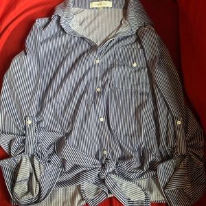 Navy Blue and white striped button down and knitted dress shirt